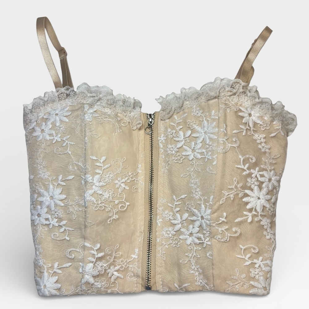 The Whole State White Ivory Elegant Lace Floral Corset Crop Top S/M